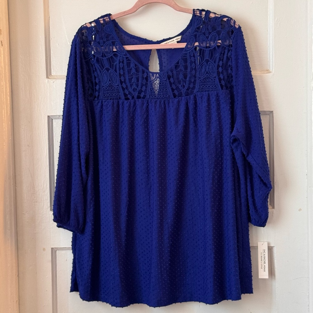 Zac & Rachel 3/4 Sleeve Crochet Embellished Textured Top Size 2X Delta Blue NWT